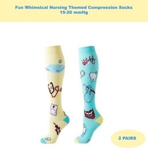 Unisex 15-20 mmHg Compression Socks L/XL Knee High Medical Whimsical 2 Pack‎ NEW